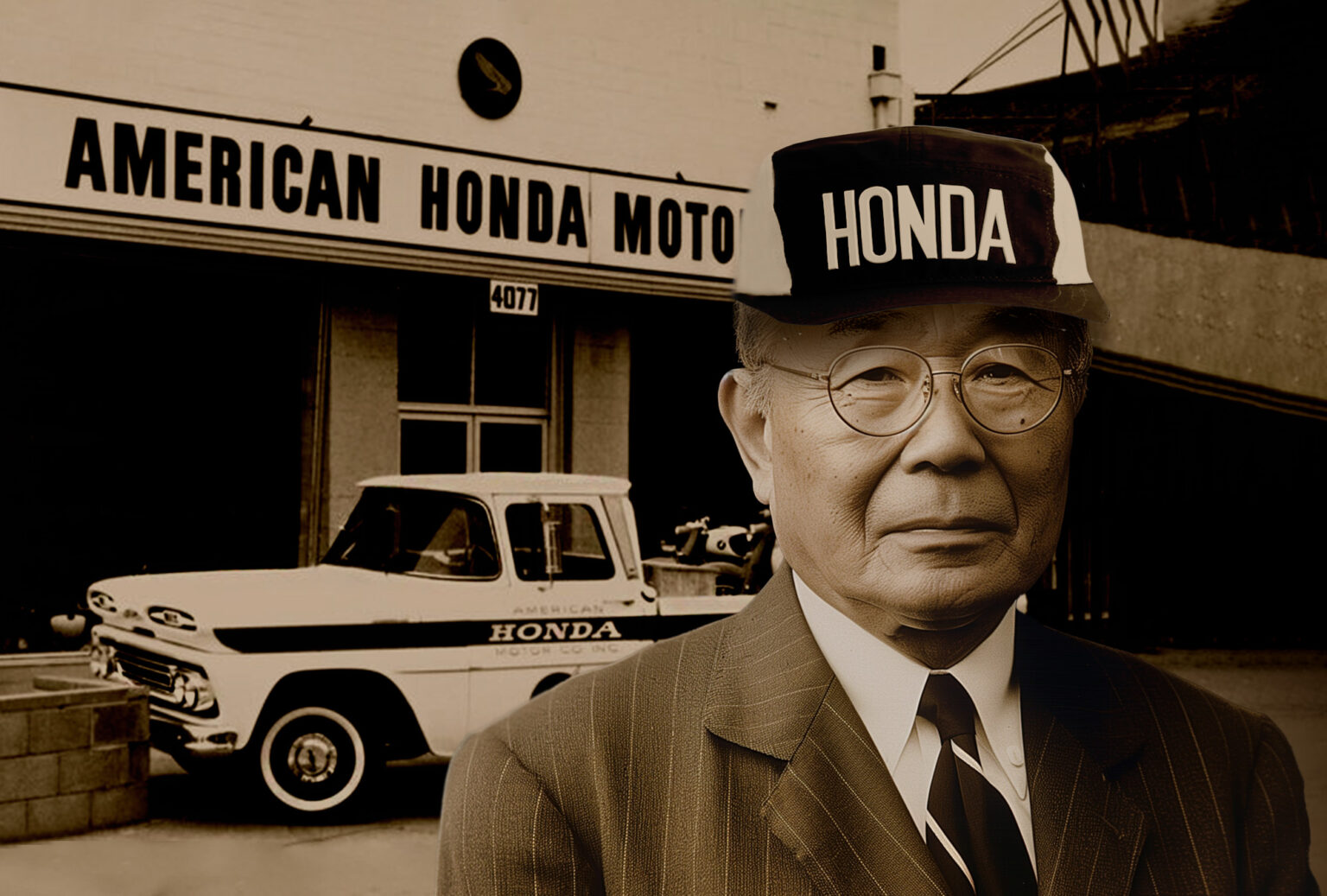 Soichiro Honda outside American Honda Moto